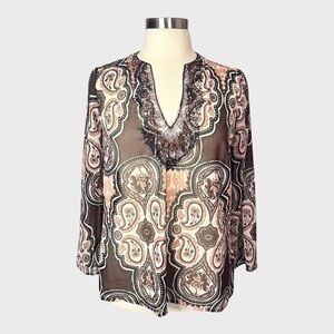 Millenium Sheer Paisley Beaded Split Neck Long Sleeve Top